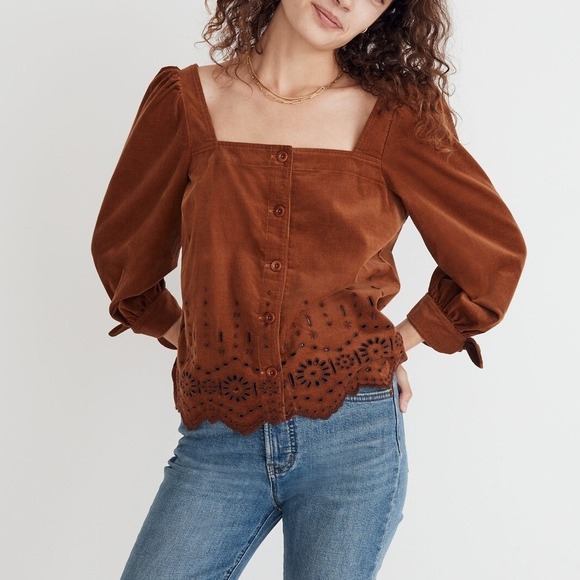 Madewell Tops - Madewell Shirt Embroidered Eyelet Corduroy Tie-Sleeve Top Brown Square Neck Med